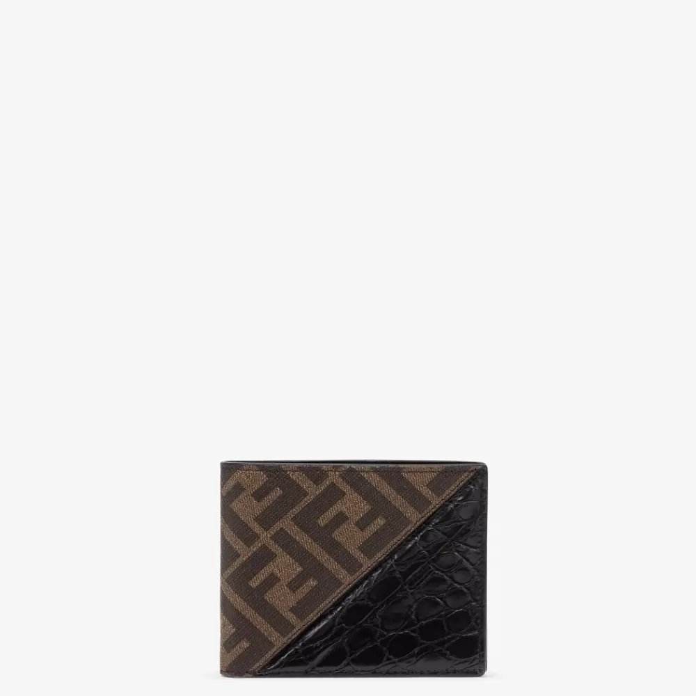 Fendi Portemonnaies<Bifold-Portemonnaie Aus Stoff In Braun Und Kaimanleder In Schwarz