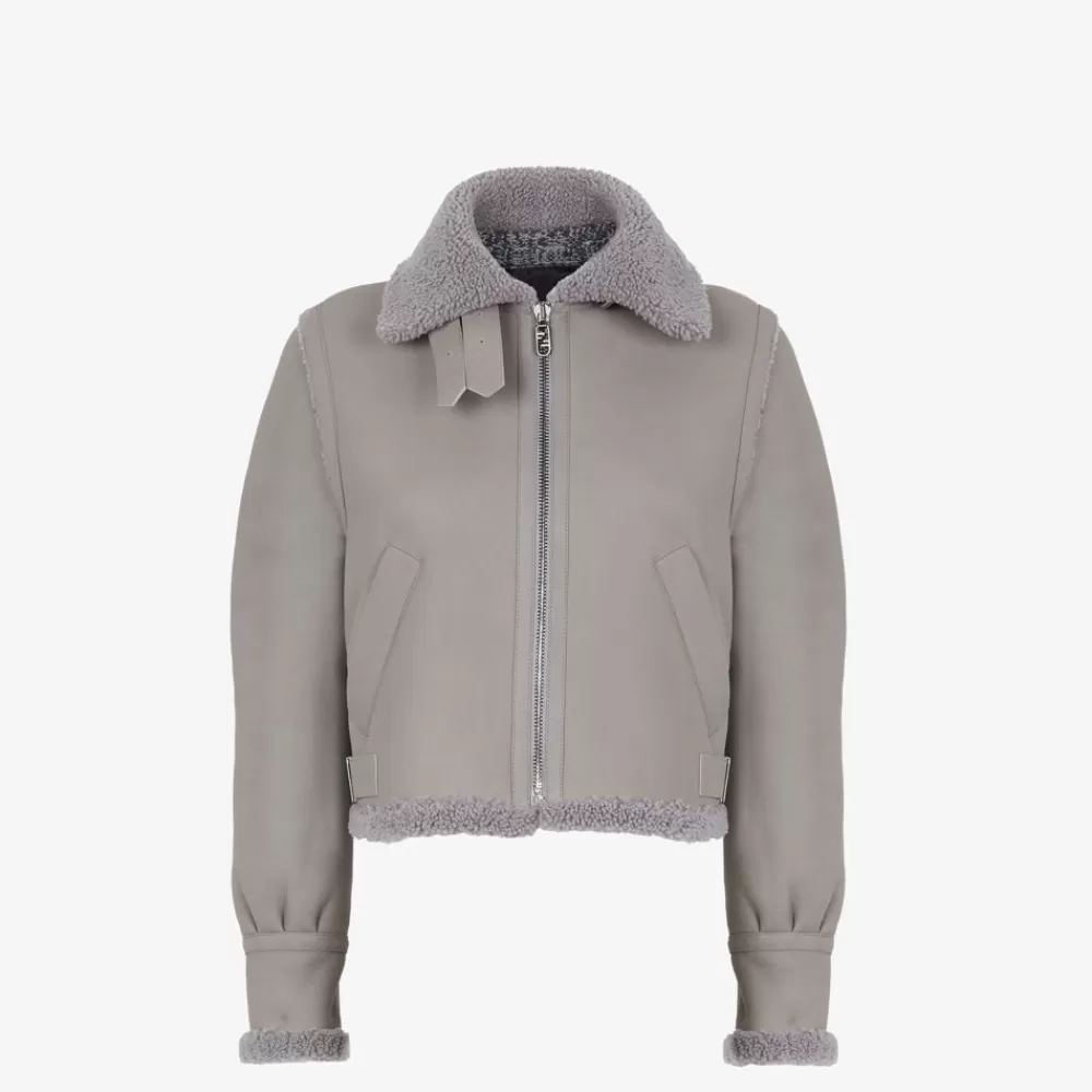 Fendi Mantel Und Oberbekleidung<Jacke Aus Leder In Grau Und Shearling