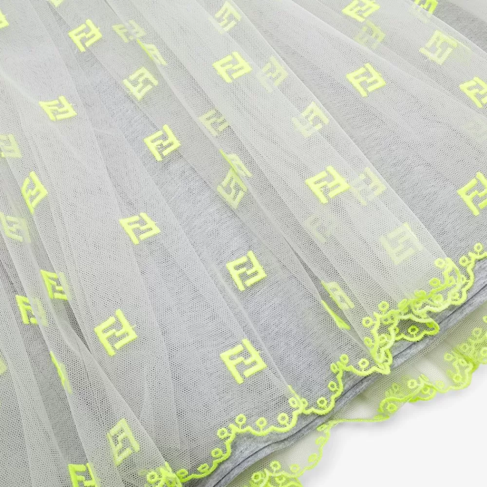 Fendi Ready To Wear<Junior-Kleid Aus Jersey Und Tull In Grau Und Fluoreszierendem Gelb