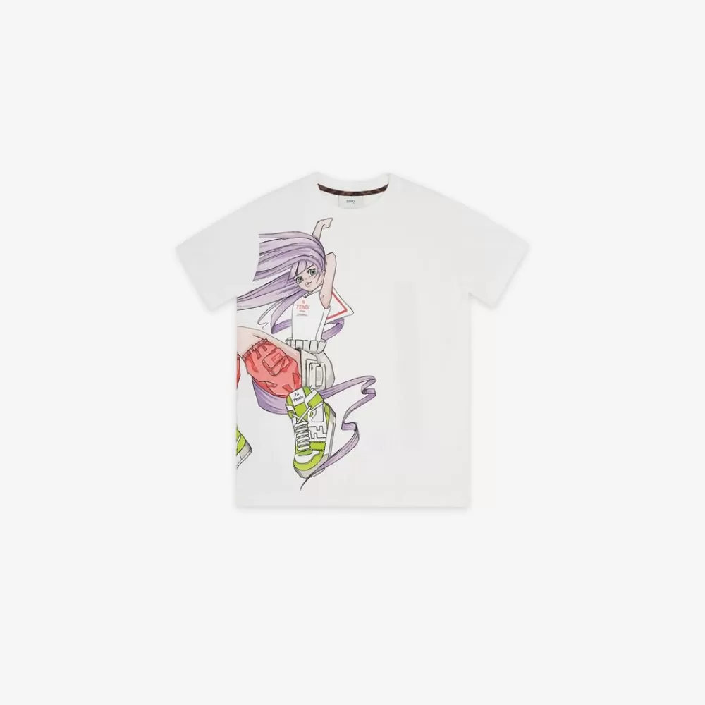 Fendi Ready To Wear<Junior-T-Shirt Aus Jersey In Weis, Mehrfarbig