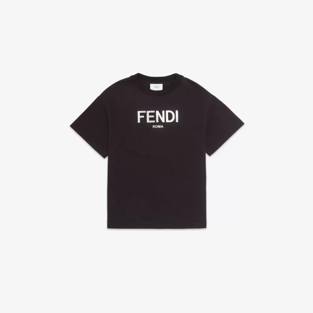Fendi Ready To Wear<Junior-T-Shirt In Schwarz Aus Jersey Mit Aufdruck In Silberfarben