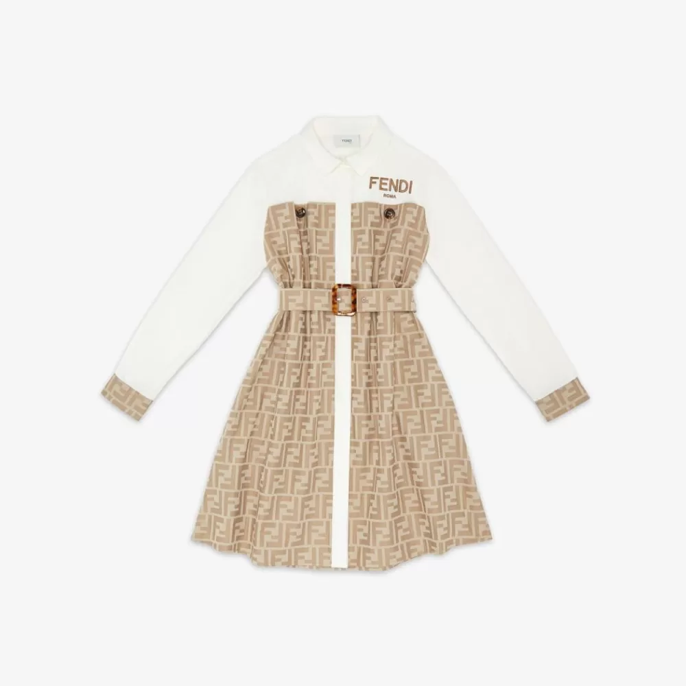 Fendi Ready To Wear<Kleid Aus Weiser Und Beigefarbener Baumwolle Und Popeline Mit Ff-Motiv