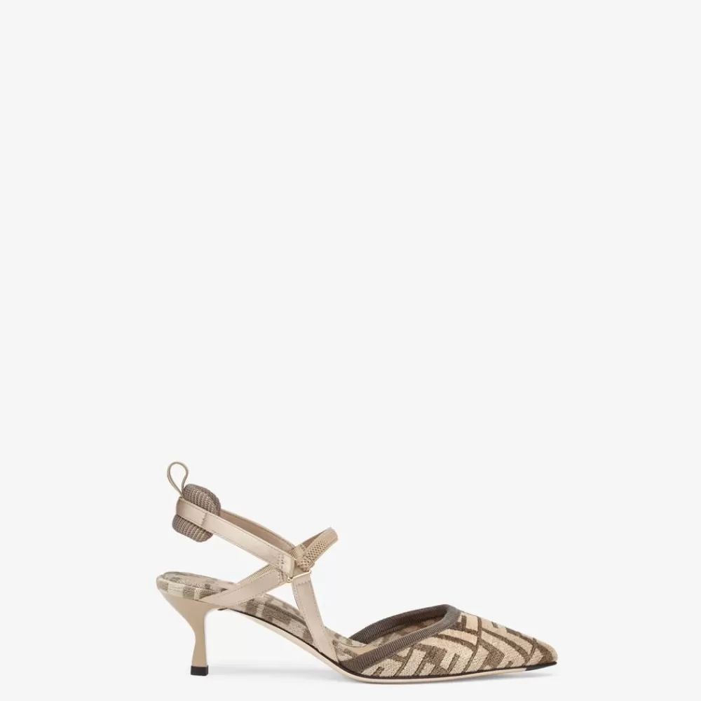 Fendi Pumps Und Slingbacks<Slingback Mit Mittlerem Absatz Aus Chenille In Beige Mit Ff-Signatur