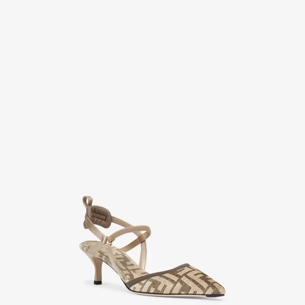 Fendi Pumps Und Slingbacks<Slingback Mit Mittlerem Absatz Aus Chenille In Beige Mit Ff-Signatur